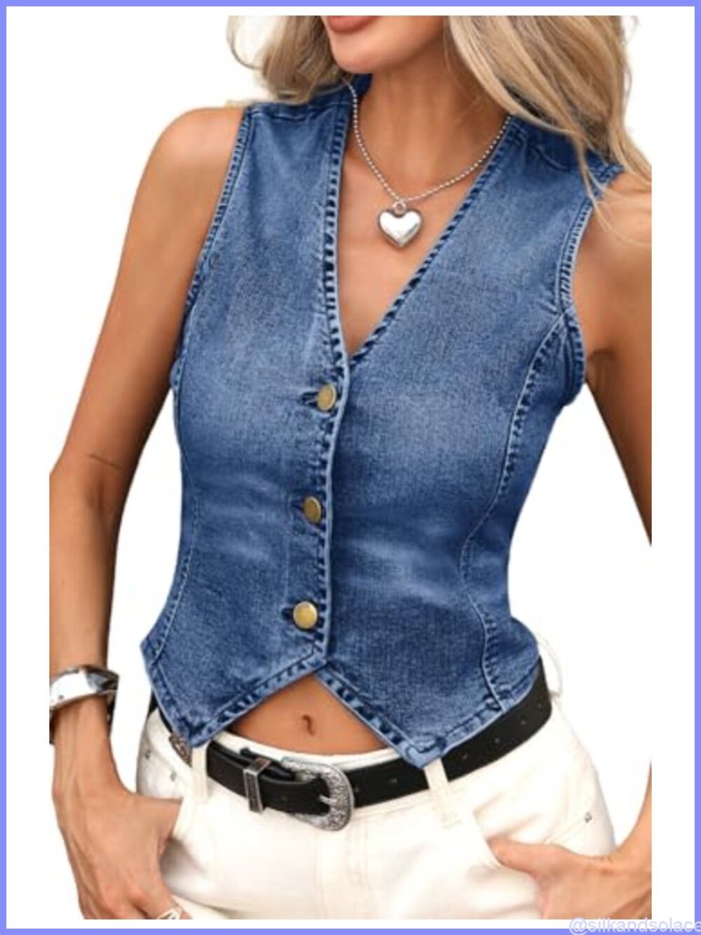 Women's Cropped Denim Vest with Fitted Waist V-Neck